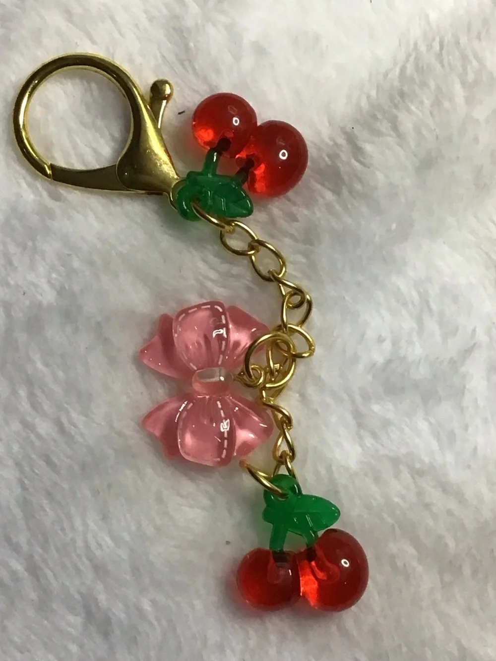 Gold-Tone Cherry & Pink Bow Keychain Charm